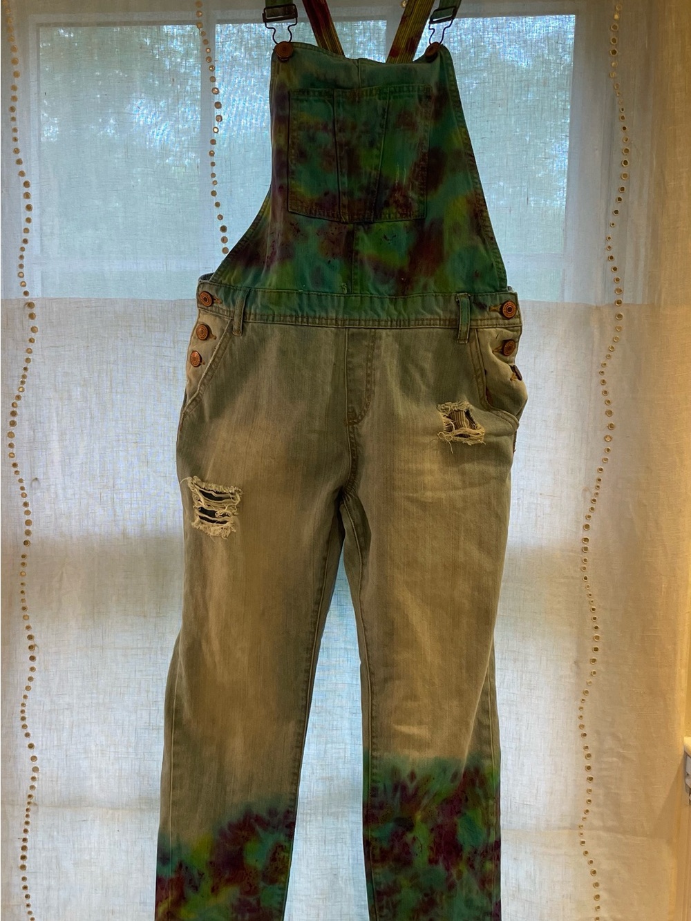 Tie-Dye Denim Overalls in Green and Purple